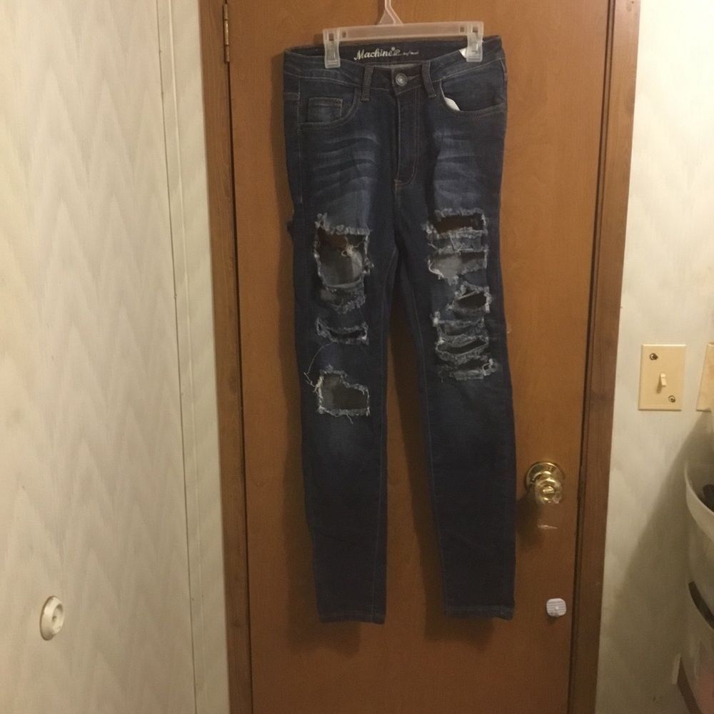 Machine Front Back Destroyed  Dark Wash High Waist Skinny Jeans 5